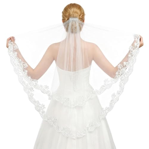 Nogeqi Wedding Veils for Brides White Lace Veil with Comb for Women Elegant Lace Applique Edge Bridal Veils for Wedding Bachelorette Party Bridal Shower