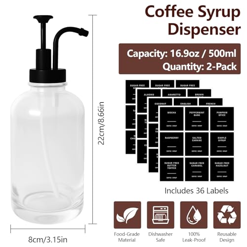 Distributeur Sirop pour Café, Set de 2 Bouteilles en Verre avec Pompes 500 ML pour Bar à Café - Inclus Étiquettes, Entonnoir, Plateau et Accessoires de Nettoyage – Image 4