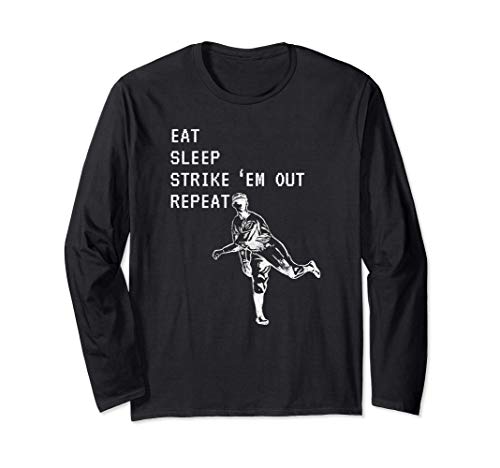 Eat Sleep Strike Em Out Repeat Baseball Pitcher Graphic Gift Manga Larga