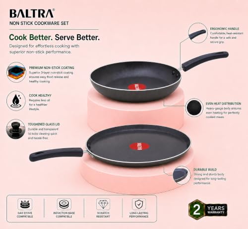 Image of BALTRA Premium Gourmet Non-Stick Cookware 2 Pcs Set | Dosa Tawa and Fry Pan | 100% PFOA Free Coating | Easy Clean, Induction Bottom Non-Stick Coated Set