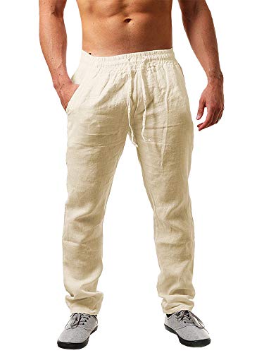 Image of PASLTER Mens Cotton Linen Pants Casual Summer Beach Pants Dress Trousers