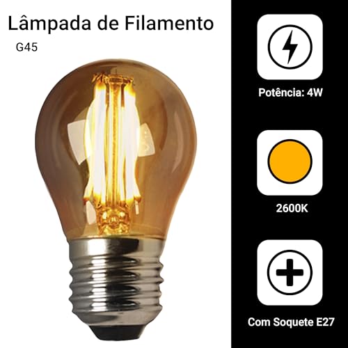Kit 10 Lâmpada Filamento Led G45 Vintage Retro Carbono Ambar