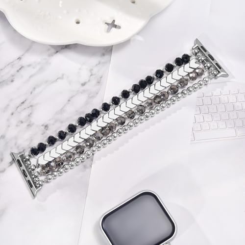 Image of MOFREE Beaded Bracelet Compatible for Apple Watch Band 38mm 40mm 41mm 42mm 44mm 45mm Women,Fashion Handmade Elastic Stretch Strap for iWatch Series SE 8 7 6 5 4 3 2 1