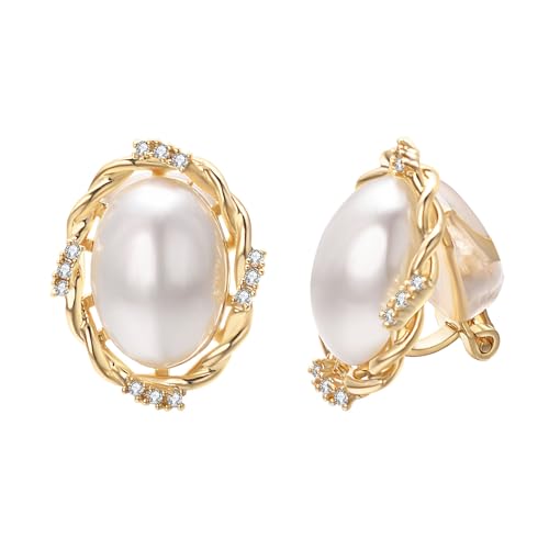 Yoursfs Large Pearl Clip On Earrings For Women 18K Gold Plated Oval White Pearl Earrings Non Pierced Trendy Jewelry cover