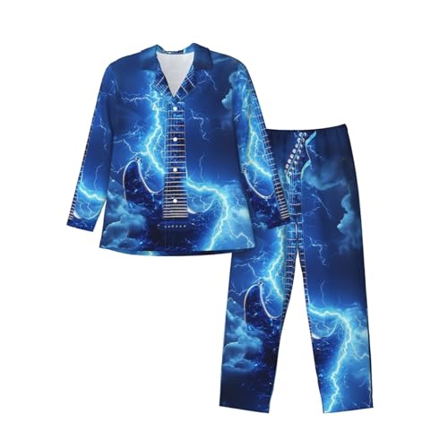 Electric Guitar With Lightning Mens Pajamas Set Button Down Sleepwear Set Long Sleeve Loungewear With Pockets3