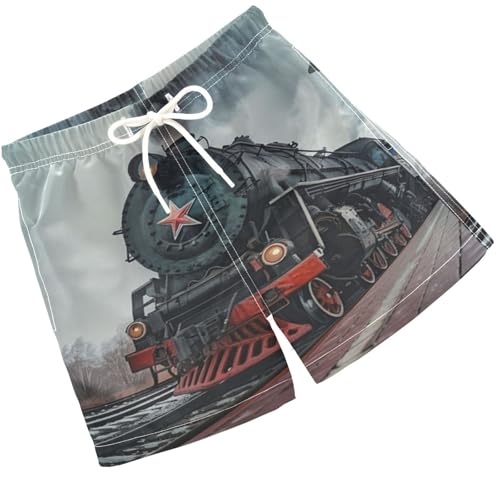 Pigsaly Boys Swim Trunks Old Black Red Soviet Steam Train Boys Board Shorts Swimsuit Swimwear Summer Bathing Suit S