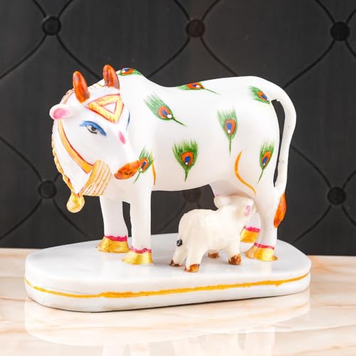 Image of Calf Statue in Marble Dust, 9CM Holy COWw Idol, Showpiece for Home Decor, Handmade Divine COWw, Mother COWw with Baby Calf, kamdhenu (mor)