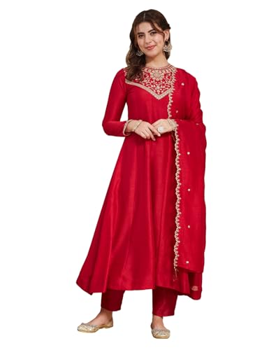 Image of MOKOSH Women's Embroidered Silk Anarkali Kurta Pant with Dupatta | Anarkali Kurta Set | Embroidered |Occasion & Festive Traditional | 3 Piece Outfit