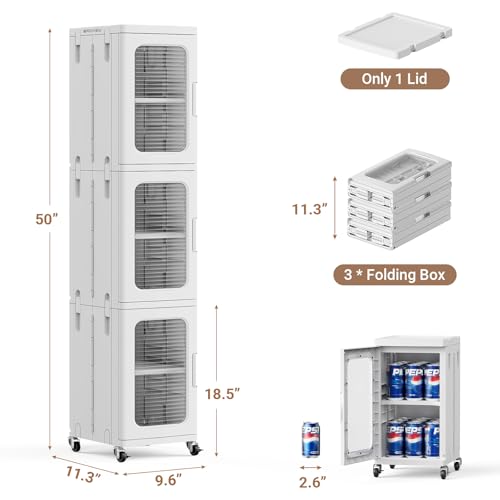 Image of BROVIEW 3-Tier Tall Narrow Storage Cabinet Organizer, Slim Bathroom Cabinets with Adjustable Shelves and Doors, Plastic Kitchen Pantry Organizers and Storages for Small Space, Laundry, White