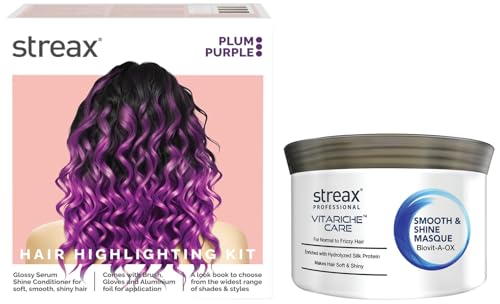 Streax Vitariche Care Smooth And Shine Masque, Fresh Fragrance For Dry Hair Type, 200G,1 Count Hair Colour Highlight Kit | Purple Hair Colour, Plum Purple - Pack of 1