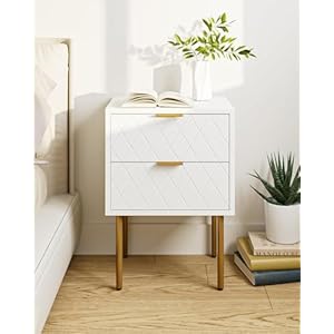 HEYZOEY Bedside Table, Small Bedside Tables with 2 Drawers, Wooden Nightstand with Gold Legs, Mid-Century Modern Bed Side End Table for Bedroom, Living Room, White