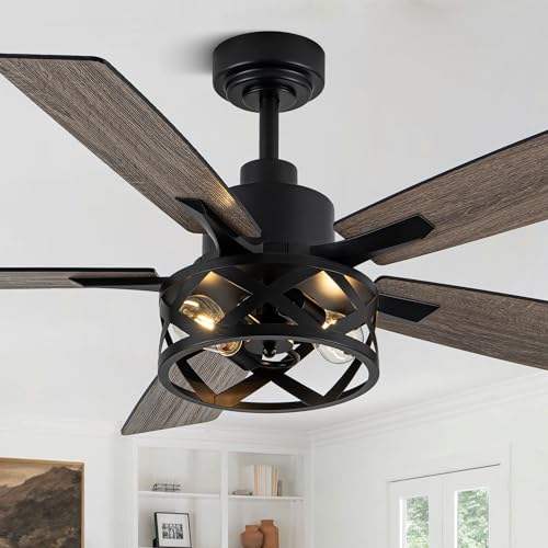 Image of 52 inch Farmhouse Rustic Caged Chandelier Fan with Light
