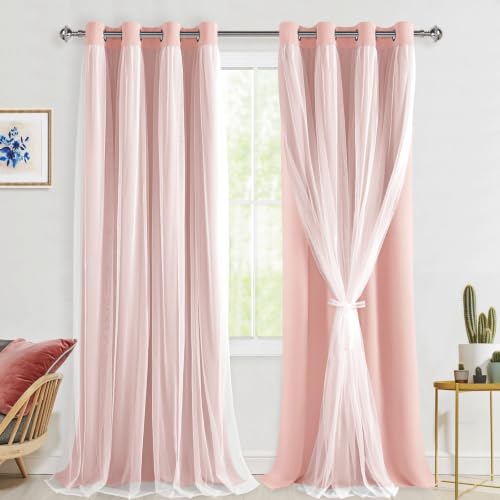Hiasan Blackout Curtains with Sheer Overlay, Pink, 52W X 120L, 2pcs