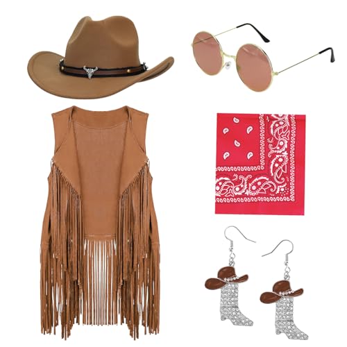 OJMHD 5 Stück Western Cowgirl Kostüm für Damen, Cowboy Outfits mit braun Fransenweste, Cowboy hut, Ohrringe, Hippie-Brille, Bandana für Karneval...