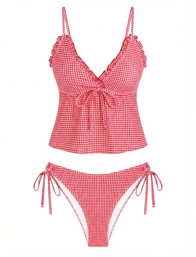 ZAFUL Tankini Swimsuits for Women V Neck Textured Knot Tie Ruffle Trim Bikini Swimsuit Tie Side 2 Pieces Bathing Suit (2-Gingham Red M)