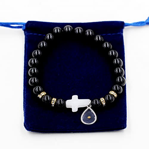 Image of Uloveido Black Agate Side Cross Bracelet Mustard Seed Charms, Personalized Letter A-Z Tiger's Eye Bangle Y944