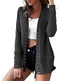 VERABENDI Charcoal Snap Button Cardigan Sweater for Women, Long Sleeve | Charcoal snap-front cardigan in soft stretch knit. Lightweight long sleeve layer for office, travel and evenings.