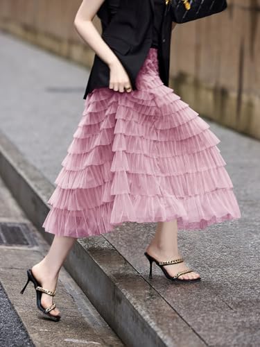 Women's Layered Tulle Skirts A Line Ruffle High Waisted Mesh Long Maxi Skirt2
