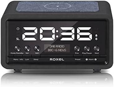 Roxel Nod DAB Radio, DAB+ & FM Radio, Alarm Clock, Wireless Qi Charging Large Digit Display Dual Bedside Alarm Clock with Wireless Streaming (Black)