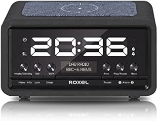 Roxel Nod DAB Radio, DAB+ & FM Radio, Alarm Clock, Wireless Qi Charging Large Digit Display Dual Bedside Alarm Clock with Wireless Streaming (Black)