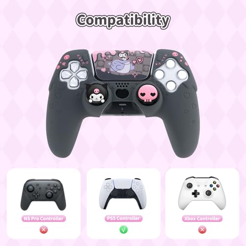 Image of Kuitmor Silicone PS5 Controller Cover Skin Set, Anti-Slip Soft Protective Case for PS5 Wireless Controller with 2 Thumb Grip Caps and 1 Sticker (Black Kuromi)