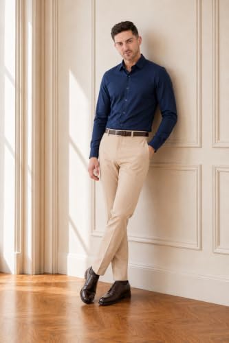 Image of SaintX Men's Premium 4-Way Comfort Stretch Formal Trousers | Smart Sweat Wicking Wrinkle Free Fabric | Smarter Techno Flex Expandable Waistband | Stylish Slim Fit | Daily Office Wear