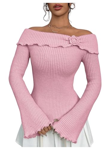 GORGLITTER Women's Off The Shoulder Sweater Floral Cute Fall Outfits 2025 Bell Flared Sleeve Asymmetrical Knitted Tops