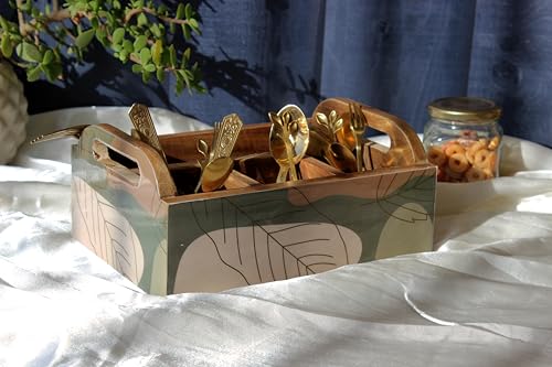 Image of Monstera Hut Abstract Aura Mangowood Cutlery Caddy | Wooden Cutlery Stand Storage Organiser|Cutlery Spoon Stand For Dining Table Chammach Stand|Multipurpose Cutlery Holder |Size23x17x10 cm