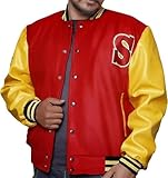EASTIFIED Crows Varsity Letterman Bomber Red Wool Yellow Leather College Jacket (X-Large)