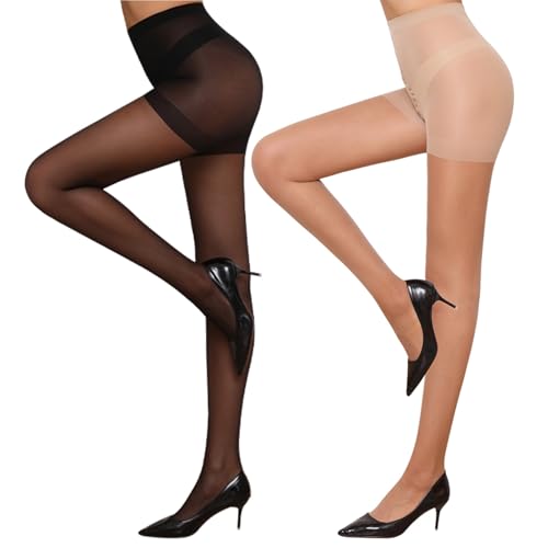 Image of Women's Sheer Tights 20D High Waist Control Top Pantyhose with Reinforced Toes 2 Pairs