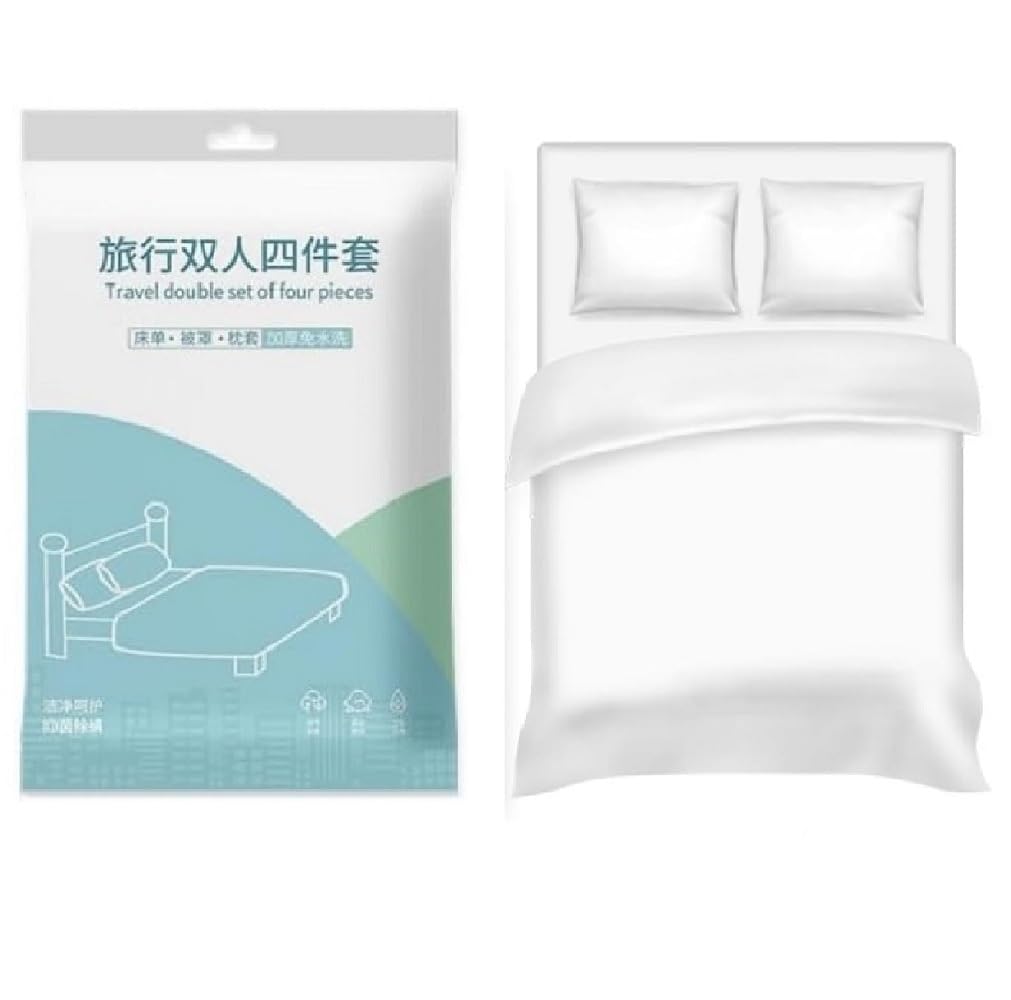 1 Set Travel Disposable Bed Sheet, Portable Disposable Bedding with Bed Sheet 220 * 240 Quilt Cover 220 * 240 Pillowcase 60 * 80 * 2 for Hotel Hospital and Travel. (4 Pcsx1 Set)