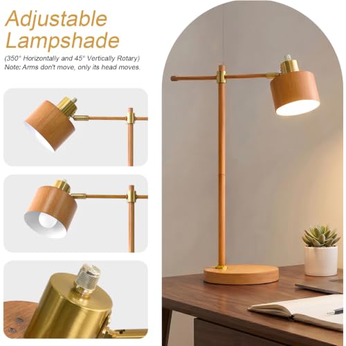 Image of OYEARS 22.2 inch Mid Century Desk Lamp, Modern Metal Table Lamp with LED Bulb, Adjustable Reading Lamps, Industrial Task Lamp for Home Office, Farmhouse Bedside Lamps with Solid Base, Woodgrain
