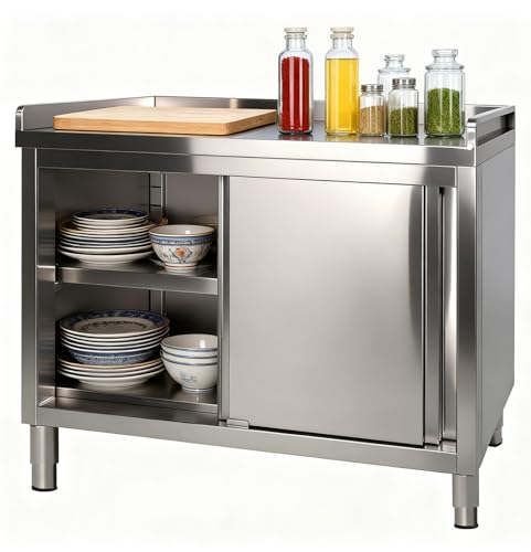 PulseFay Stainless Steel Work Table with Cabinet 48x20 with Baffle Commercial Kitchen Workbench with Sliding Doors for Prep Work Heavy Duty Prep Table for Restaurant Garage Warehouse