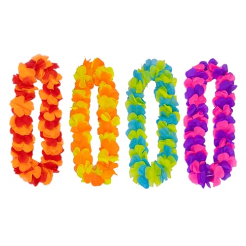 FreshDear 4pcs Hawaiian Flower Lei Garlands, Tropical Party Decorations, Multicolor Pack, Red Orange Yellow Blue Purple Pink