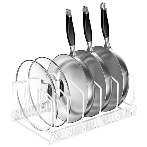 Fousenuk Organizador de Sartenes, Soporte Sartenes de Cocina, Separador de Sartenes Ajustable con 7 Compartimentos, Estante para Almacenar Ollas y Tapas, Sujeta Tapas Cocina de Metal (Blanco)