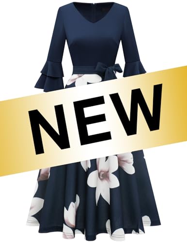 Image of DRESSTELLS Women's Cocktail Dress Summer Wedding Guest Party Vintage 3 /4 Bell Sleeve V Neck A-Line Dress