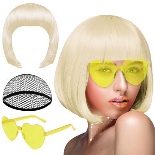 Image of PLULON Blonde Bob Wig and Sunglass Set, Neon Short Bob Wig Sunglass Pack Costume Colorful Cosplay Wig Hairpieces for Bachelorette Neon Party Favors, Halloween Decorations