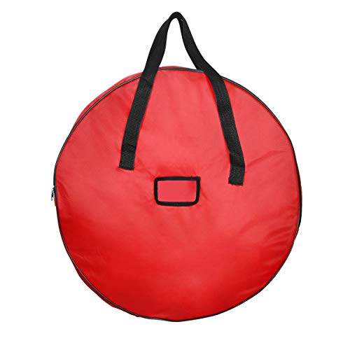 TQS 36" Christmas Wreath Storage Bag - Xmas Large Wreath Container - Reinforced Wide Handle and Double Sleek Zipper - Heavy Duty Protect Your Party Decorations Garland - Red