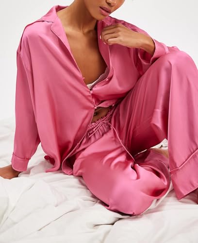 Image of LILTWIST Silk Satin Pajamas Set for Women 2 Piece Floral Pjs Wide Leg Lounge Pants Set Long Sleeve Button down Pj Shirts Set