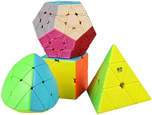 Speed Cube Set Ahyuan Professional 4 Pack Qiyi Magic Cube Bundle 3x3 Cubo Pirámide Mega Megaminx Skew Ivy Cubos sin calcomanías, colección rápida y