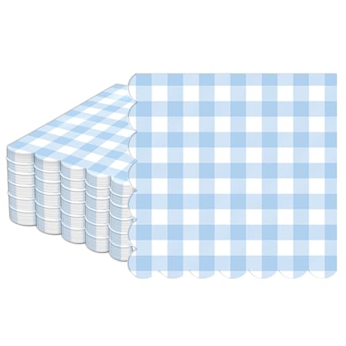 50Pcs Blue and White Gingham Scalloped Napkins 6.5in Plaid Paper Decoration for Party Supplies - Light Checkered Dessert Napkins for Boys Wedding Birthday Baby Shower Picnic Party Favor