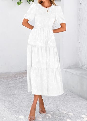 Image of KIRUNDO Womens Summer Dresses Wedding Guest Floral Midi Sundress Short Puff Sleeve Flowy A Line Smocked Tiered Boho Dress