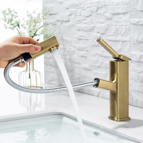 Top 10 Picks for the Best Faucet for Small Bathroom Sink 2 KAIYING Bathroom Sink Faucet with Pull Out Sprayer, Single Handle Basin Mixer Tap for Hot and Cold Water, Lavatory Pull Down Sink Faucet with Rotating Spout (Regular,Brushed Champagne Gold)