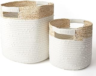 LA JOLIE MUSE Cotton Rope Storage Baskets with Corn Skin Set of 2, Organizer Bins for Baby Toys Laundry Blankets, Home Décor Gift, Natural Color, Beige
