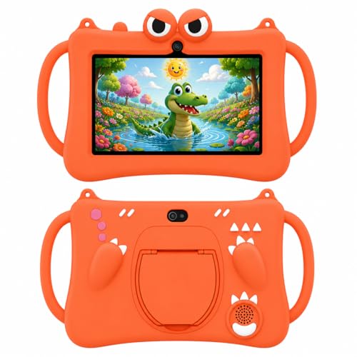 Telzeal P604 Kids Tablet 7 Inch HD Display 6GB RAM 256GB ROM Android 13 3000mAh Battery 5G WiFi Dual Camera Shockproof Protective Case with Handle (Orange)