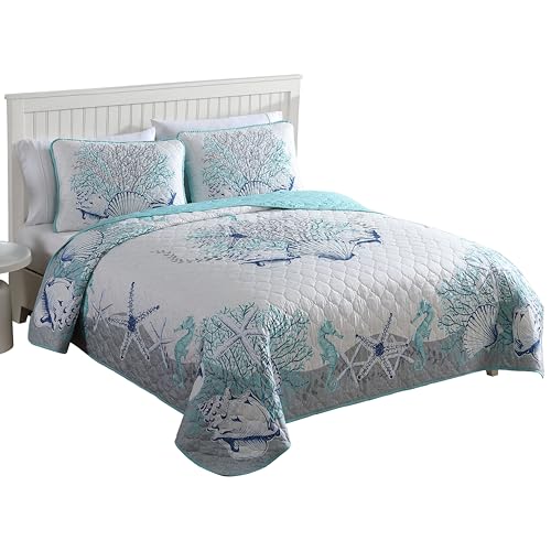 CARIBBEAN JOE Coastal 3-Piece Quilt Set, Full/Queen, Beach Delight Aqua