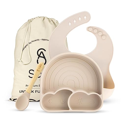 All In One Silicone Baby Feeding Set By SofiAl - Safe for 6-12 Months - Non-Toxic Baby Led Weaning Supplies, Suction Plate Or Bowl, Bib, Spoon & Gift Bag - BPA-Free - Mess Free Baby Feeding Essentials