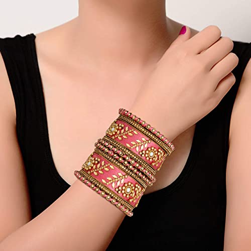 Aheli Traditional Wedding Designer Silk Thread Faux Stone Studded Bridal Bangle Set Chuda Indian Ethnic Bollywood Fashion Jewelry For Women (Pink) #TOP3