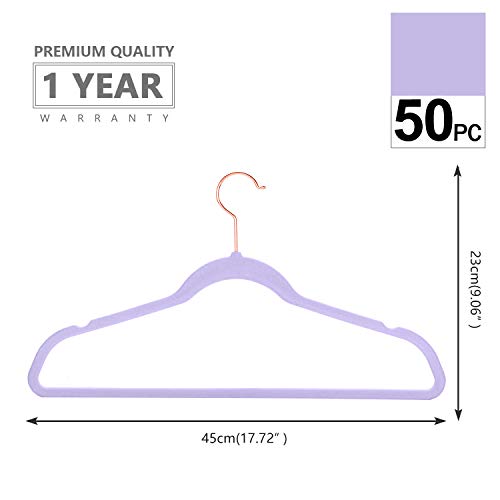 MIZGI Premium Velvet Hangers (50 Pack) Heavy Duty - Non Slip Felt Hangers - Velvet Suit Hanger Light Purple - Rose Gold Hooks,Space Saving Clothes Hanger