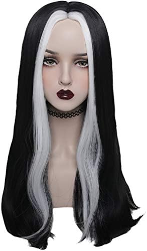 YOGFIT Black with white streak Wig for Ysanne Isard Cosplay Women's Long Straight Synthetic Wig for Halloween Costume Party